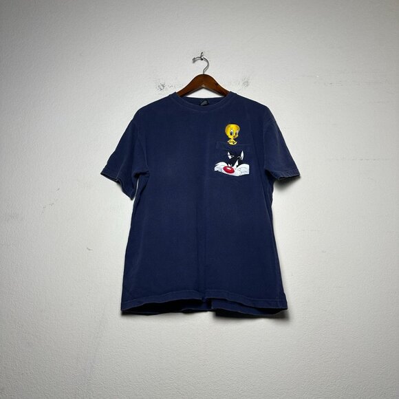 VTG Warner Bros Looney Tunes Tweety Bird Sylvester Graphic T Shirt Men M Blue - Picture 1 of 9